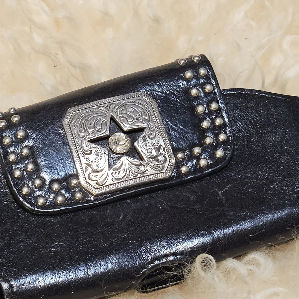 2000s Black Leather Phone Holster with Silver Star Concho